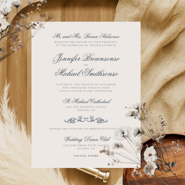 Ivory Navy Old Style Wedding Invitation (Creator Uploaded)