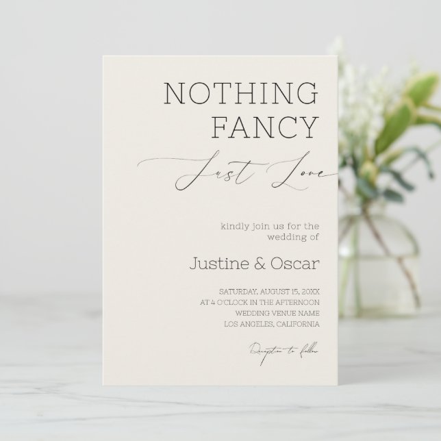 Ivory Nothing Fancy Just Love Minimalist Wedding Invitation (Standing Front)
