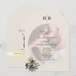Ivory Olive Arched Photo Monogram Wedding Invitation