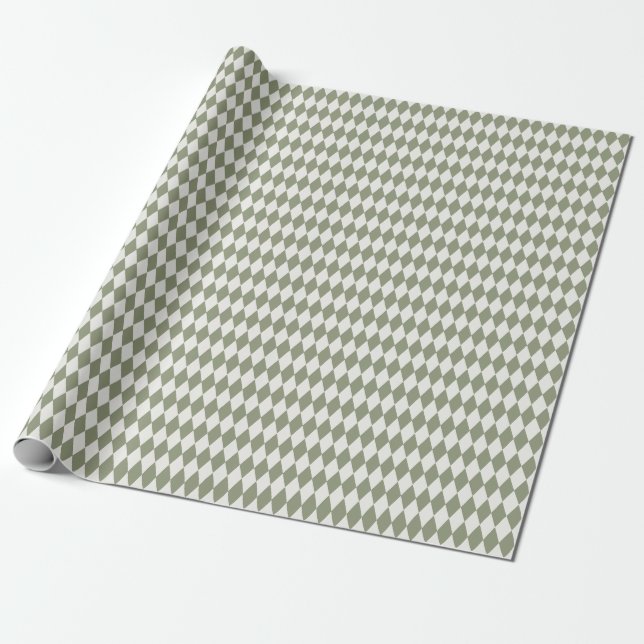 Ivory & Olive Green Harlequin Diamonds Wrapping Paper (Unrolled)