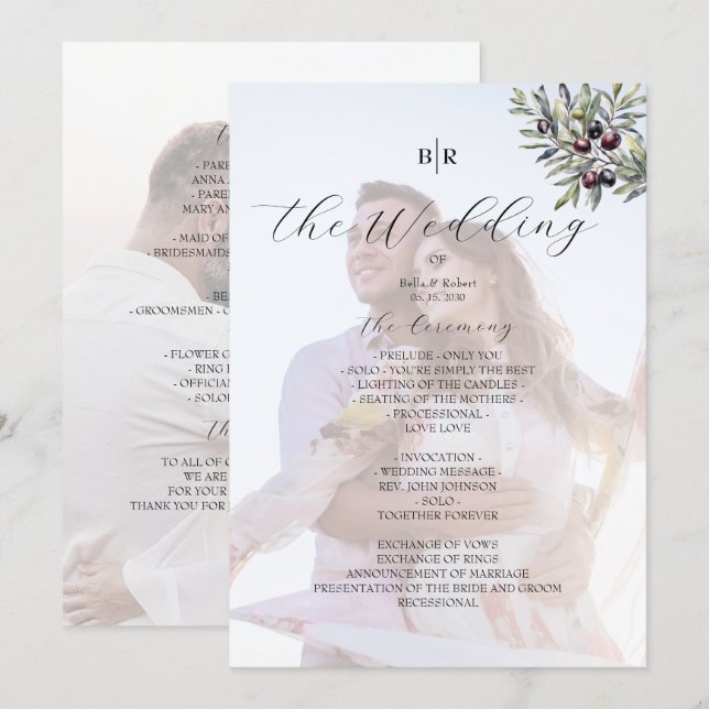 Ivory Olive Monogram Photo Wedding Program Programme (Front/Back)