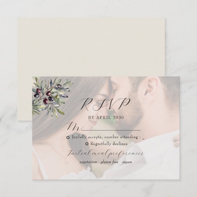 Ivory Olive Monogram Photo Wedding RSVP Card (Front/Back)