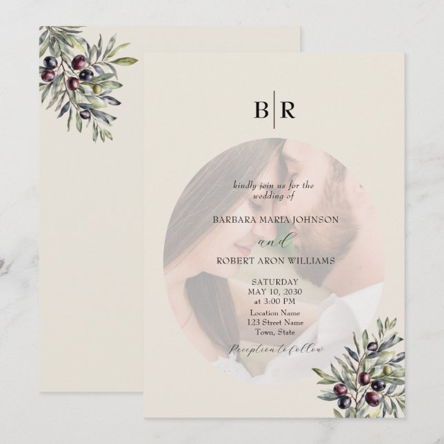 Ivory Olive Photo Monogram Wedding Invitation (Front/Back)