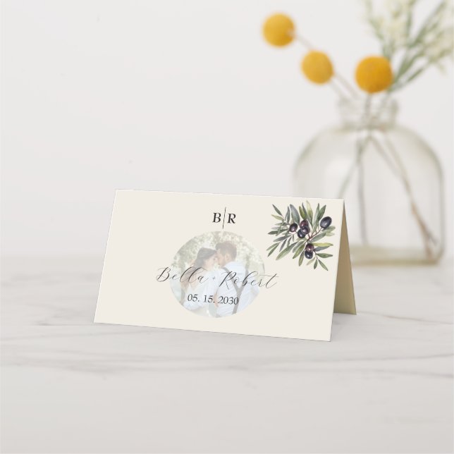 Ivory Olive Photo Wedding Place Card (Back)
