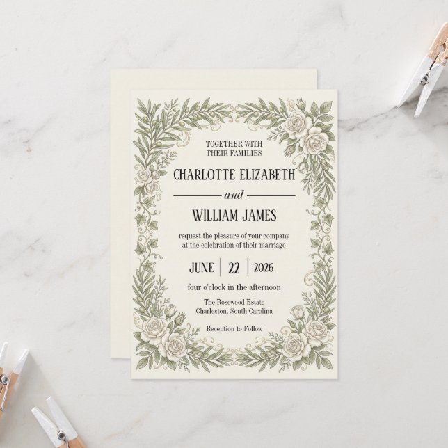 Ivory Olive Rose Border Wedding Invitation (Front/Back In Situ)