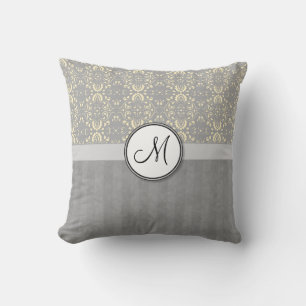 Ivory on Silver Damask and Stripes with Monogram Cushion