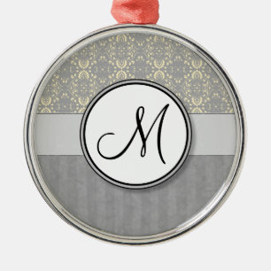 Ivory on Silver Damask and Stripes with Monogram Metal Tree Decoration