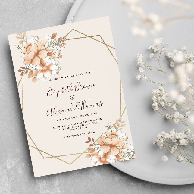 Ivory orange white gold terrarium floral wedding invitation (Ivory orange white gold terrarium floral wedding)