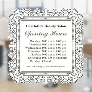 Ivory Ornate Bow Frame Opening Hours Window Cling