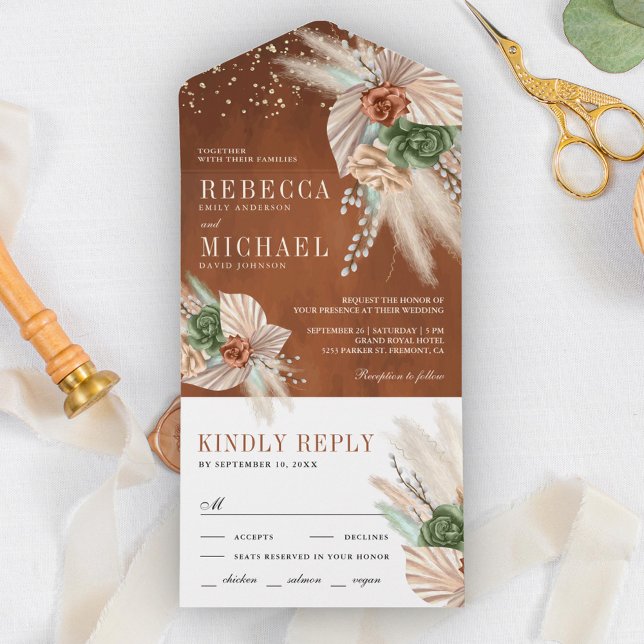 Ivory Palm Earthy Floral Pampas Terracotta Wedding All In One Invitation (Creator Uploaded)