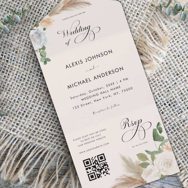 Ivory Pampas Grass Roses & Elegant Script Wedding  All In One Invitation (Creator Uploaded)