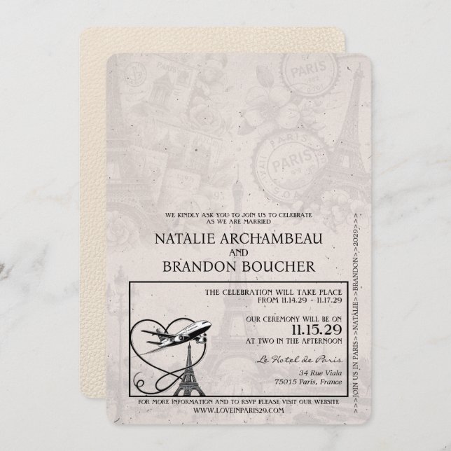 Ivory Paris Passport Wedding Invitation (Front/Back)