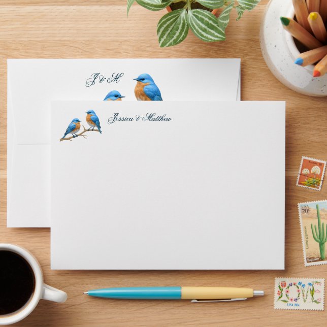 Ivory Pastel Lovebirds Romantic Bluebirds Wedding Envelope (Desk)