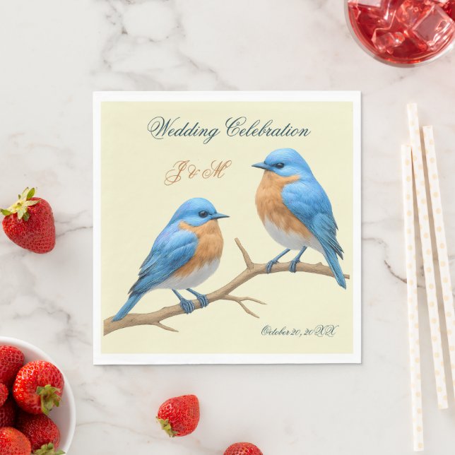 Ivory Pastel Lovebirds Romantic Bluebirds Wedding Napkin (Insitu)