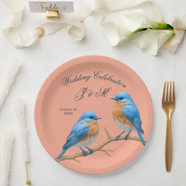 Ivory Pastel Lovebirds Romantic Bluebirds Wedding Paper Plate (Wedding)