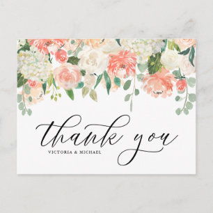Ivory Peach Peony and Hydrangea Wedding Thank You Postcard