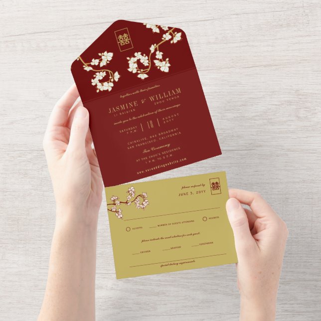 Ivory Peach/Plum Blossoms Chinese Double Happiness All In One Invitation (Tearaway)
