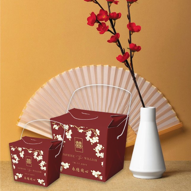 Ivory Peach/Plum Blossoms Double Happiness Wedding Favour Box (Burgundy/Ivory Peach/Plum Blossoms Double Happiness Chinese Wedding Favor Box @ fatfatin_red_box)