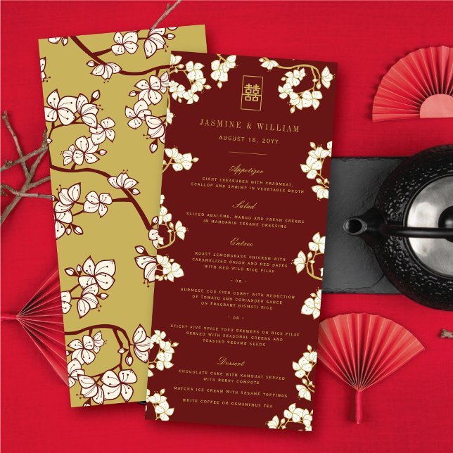 Ivory Peach/Plum Blossoms Double Happiness Wedding Menu (Ivory Peach/Plum Blossoms Double Happiness Floral Chinese Wedding Menu Card @ fatfatin_red_knot)