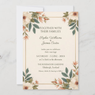Ivory Peach Wildflower Gold Wedding Invitation