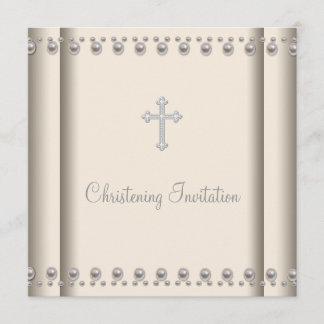 Ivory Pearl Cross Baby Boy Girl  Christening Invitation