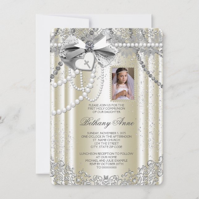 Ivory Pearl Cross Photo First Communion Invitation (Front)