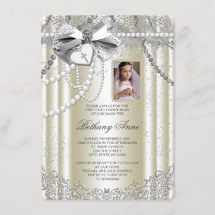 Ivory Pearl Cross Photo First Communion Invitation