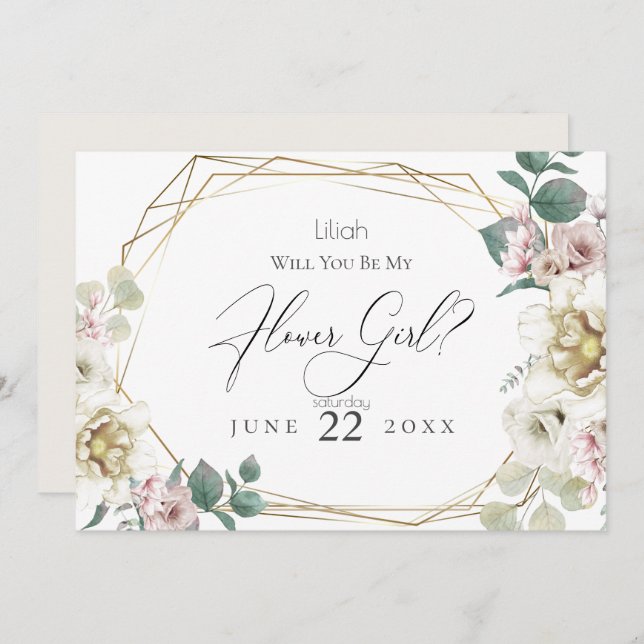 Ivory  Peony Flowers  Will You Be My Flower Girl Invitation (Front/Back)