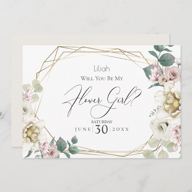 Ivory  Peony Flowers  Will You Be My Flower Girl Invitation (Front/Back)