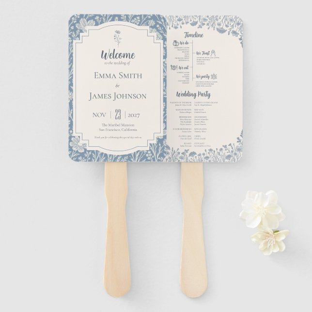Ivory Periwinkle Wildflower Wedding Program Hand Fan (Front and Back)