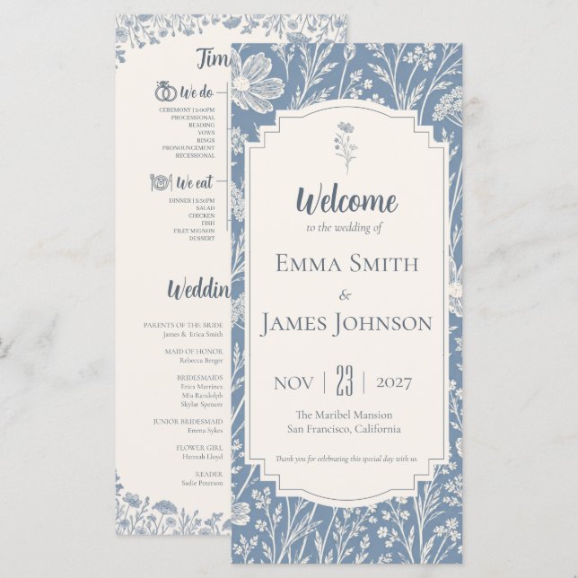 Ivory Periwinkle Wildflower Wedding Program Programme (Front/Back)