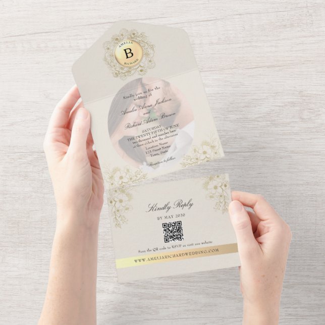 Ivory Photo Monogram Wedding All In One Invitation (Tearaway)