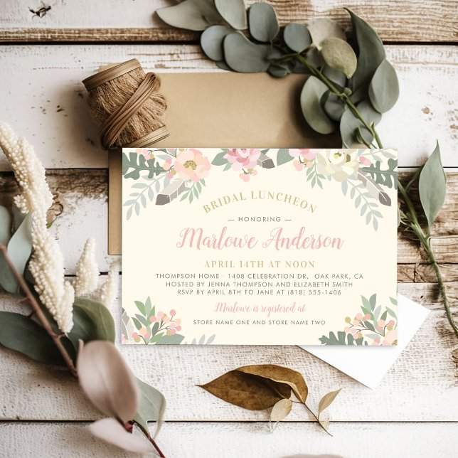 Ivory Pink and Gold Floral Boho Bridal Luncheon Invitation (Creator Uploaded)
