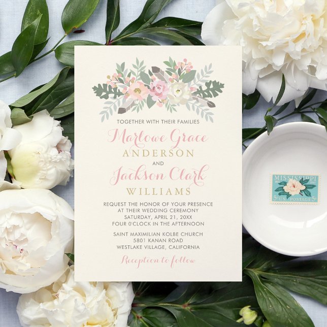 Ivory Pink and Gold Floral Boho Wedding Invitation (Creator Uploaded)