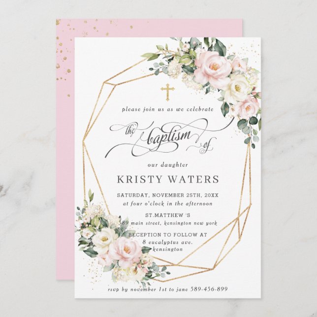 Ivory Pink Blush Floral Greenery Baptism Geometric Invitation (Front/Back)