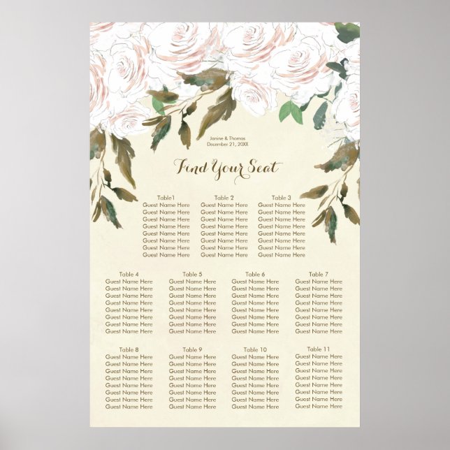 ivory pink blush floral wedding seating chart (Front)