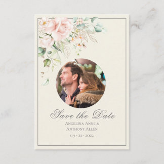 Ivory Pink Blush Watercolor Photo Floral Wedding Save The Date