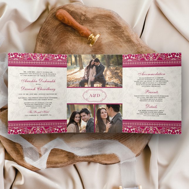 Ivory Pink Border All in One Indian Wedding Tri-Fold Invitation (Creator Uploaded)