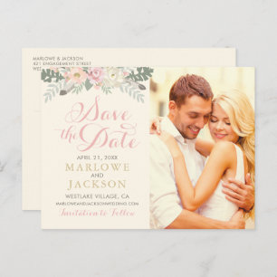Ivory Pink Gold Floral Boho Photo Save the Date Announcement Postcard