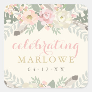 Ivory Pink Gold Floral Custom Wedding Bride Name Square Sticker