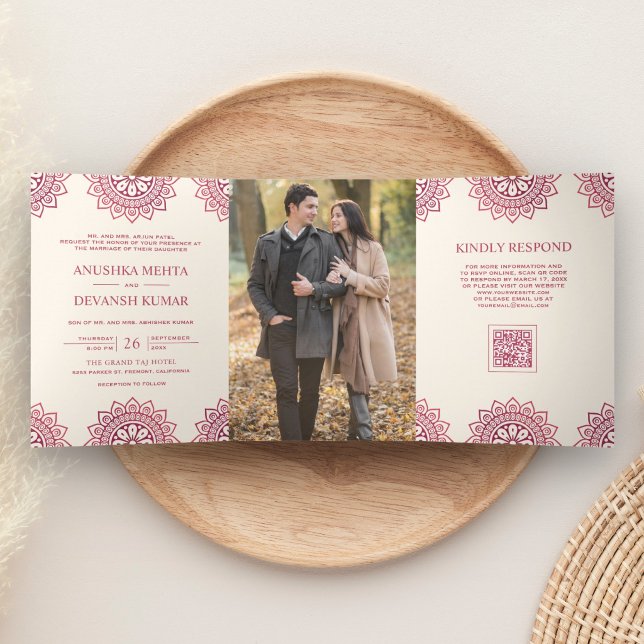 Ivory Pink Mandala Ethnic QR Code Indian Wedding Tri-Fold Invitation (Creator Uploaded)