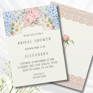 Ivory Pink Peony Blue Hydrangea Bridal Shower Invitation