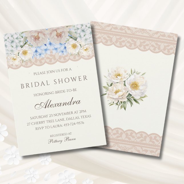 Ivory Pink Peony Blue Hydrangea Bridal Shower Invitation (Creator Uploaded)