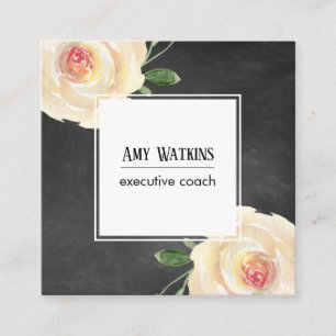 Ivory Pink Watercolor Roses Chalkboard Background Square Business Card
