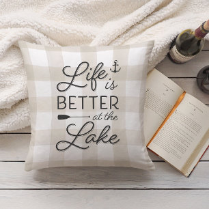 Ivory Plaid Life Is Better At the Lake Cushion