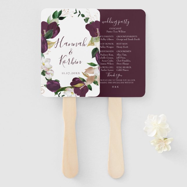 Ivory Plum Floral Wreath Wedding Hand Fan (Front and Back)