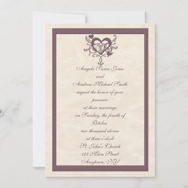 Ivory Plum Heart Wedding Invitation (Front)
