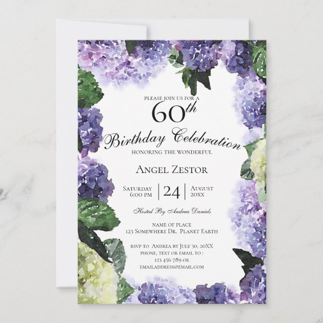 Ivory & Purple Hydrangeas | White 60th Birthday Invitation (Front)
