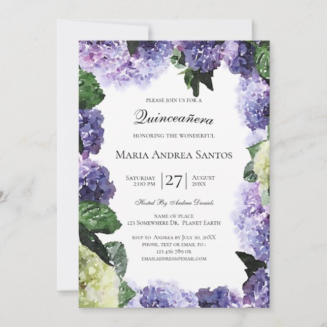 Ivory & Purple Hydrangeas | White Quinceañera Invitation (Front)