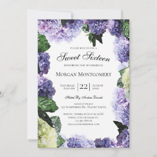 Ivory & Purple Hydrangeas White Sweet Sixteen Invitation
